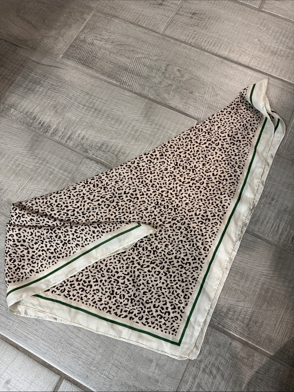 Silk-Look Leopard Print Bandana Scarf in Cream with Green Trim